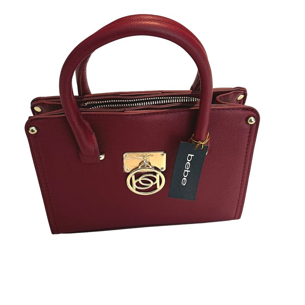 NWT Bebe Red Faux Leather Handbag With Gold Logo Charm & Detachable Strap